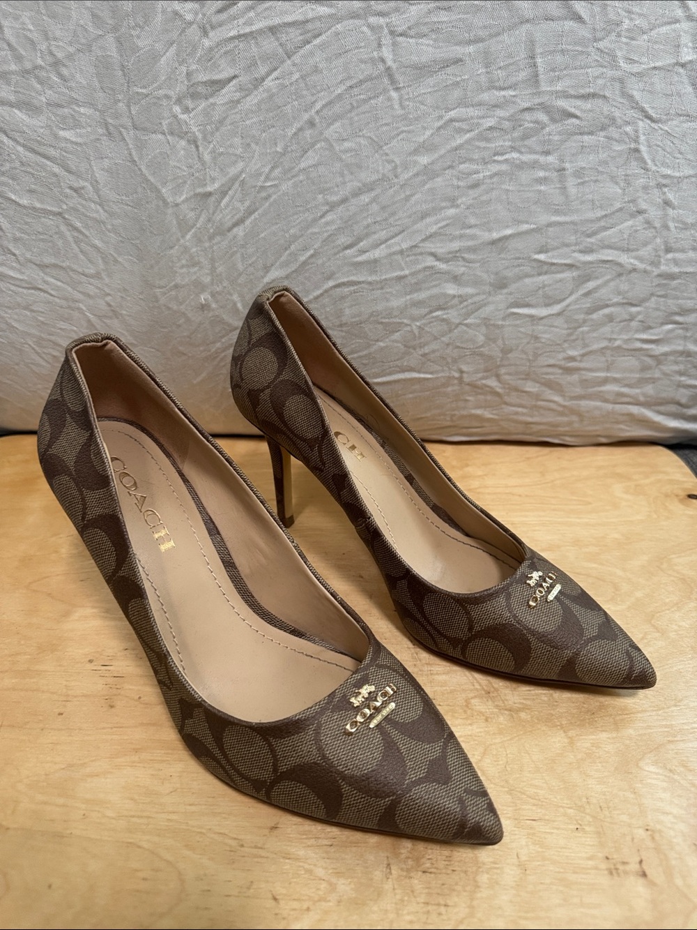 Coach Brown Monogram Pointed-Toe Heels